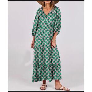 Women’s Green/Pink Floral Print Tiered Maxi Dress V Neck Size S Spring Easter